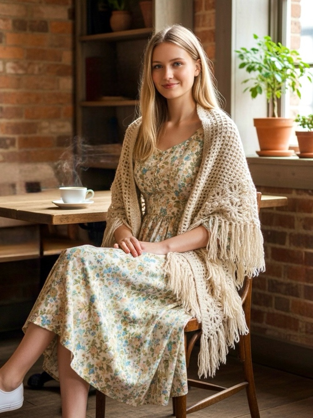 Cream Crochet Wool Fringe Shawl Layering Wrap, Handmade